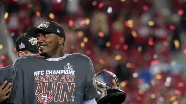 Jan 28, 2024; Santa Clara, California, USA; San Francisco 49ers wide receiver Deebo Samuel (19) celebrates after winning the NFC Championship football game against the Detroit Lions at Levi's Stadium.
